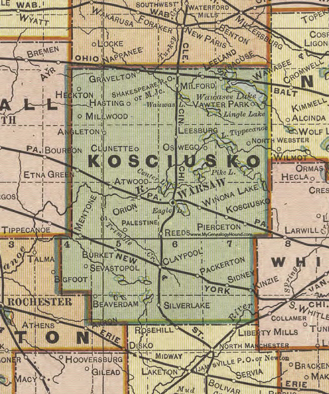 Kosciusko County, Indiana, 1908 Map, Warsaw, Winona Lake, Mentone, Atwood, Burket, Claypool, Sidney, Silver Lake, Pierceton, Syracuse, North Webster, Milford, Leesburg