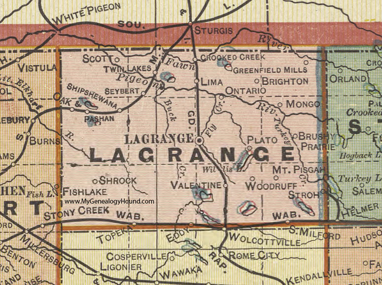 LaGrange County, Indiana, 1908 Map, Topeka, Shipshewana, Stroh, Brighton, Woodruff, Mongo, Mt. Pisgah