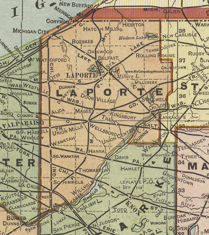 LaPorte County, Indiana, 1908 Map, Michigan City, Waterford, Otis, Westville, Wanatah, Hanna, LaCrosse, Rolling Prairie, Stillwell, Kingsbury, Corymbo