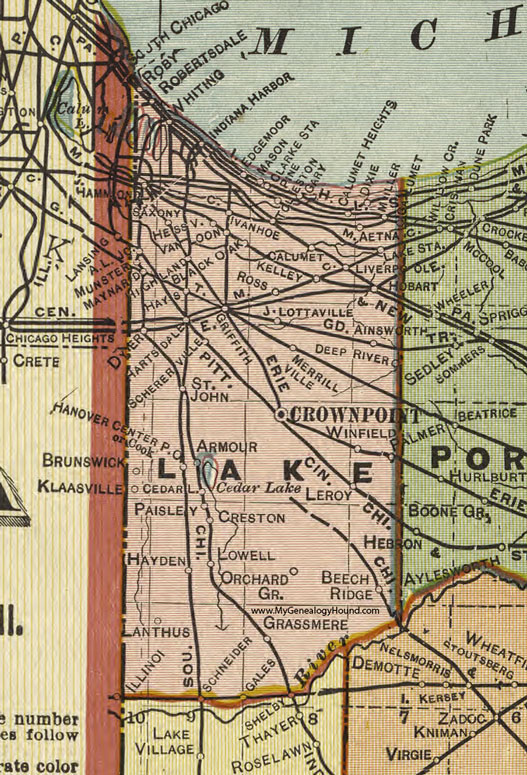 Lake County, Indiana, 1908 Map, Crown Point, Gary, Munster, Lowell, Merrillville, Highland, St. John, Schneider, Shelby, Dyer, Griffith