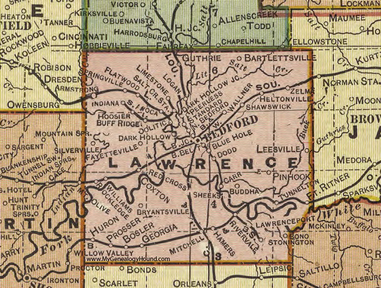 Lawrence County, Indiana, 1908 Map, Bedford, Oolitic, Williams, Heltonville, Tunnelton, Avoca, Mitchell, Huron, Dodd, Guthrie, Hoosier, Prosser, Bosler