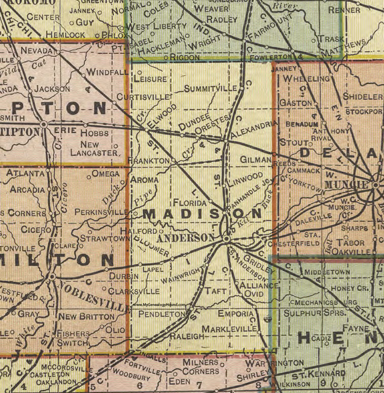 Madison County, Indiana, 1908 Map, Anderson, Pendleton, Lapel, Elwood, Frankton, Chesterfield, Alexandria, Orestes, Linwood