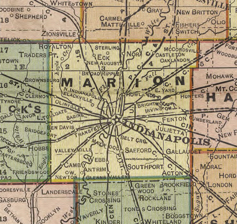 Marion County, Indiana, 1908 Map, Indianapolis, Nora, New Augusta, Oaklandon, Bridgeport, Camby, Southport, Gallaudet, Acton, Ben Davis 