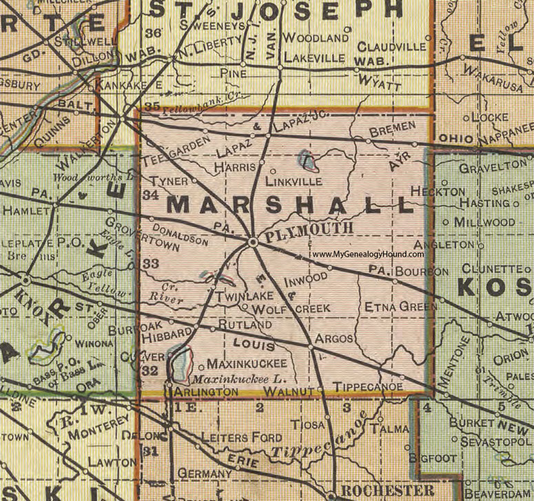 Marshall County, Indiana, 1908 Map, Plymouth, Bremen, La Paz, Tyner, Donaldson, Bourbon, Culver, Tippecanoe, Argos, Hibbard