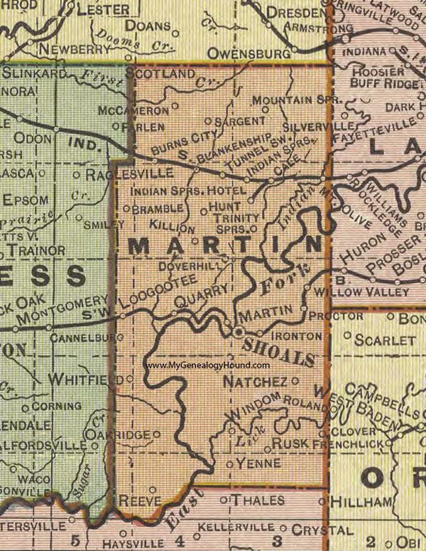 Martin County, Indiana, 1908 Map, Shoals, Loogootee, Indian Springs, Yenne, Proctor, Reeve, Killion, McCameron, Blankenship