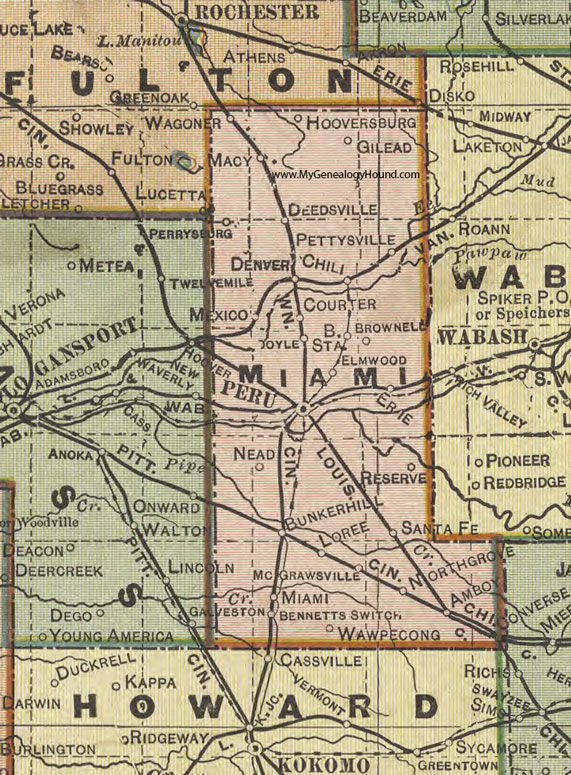 Miami County, Indiana, 1908 Map, Peru, Converse, Amboy, Bunker Hill, Miami, Macy, Deedsville, Denver, Mexico, Chili, Wawpecong, Loree