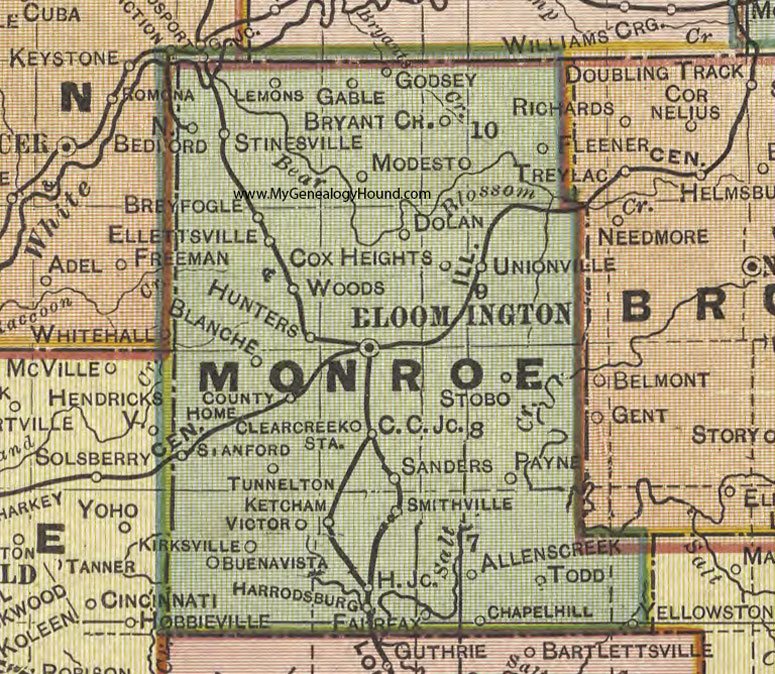 Monroe County, Indiana, 1908 Map, Bloomington, Ellettsville, Unionville, Clear Creek, Stanford, Smithville, Harrodsburg, Stinesville, Ketcham, Breyfogle, Godsey
