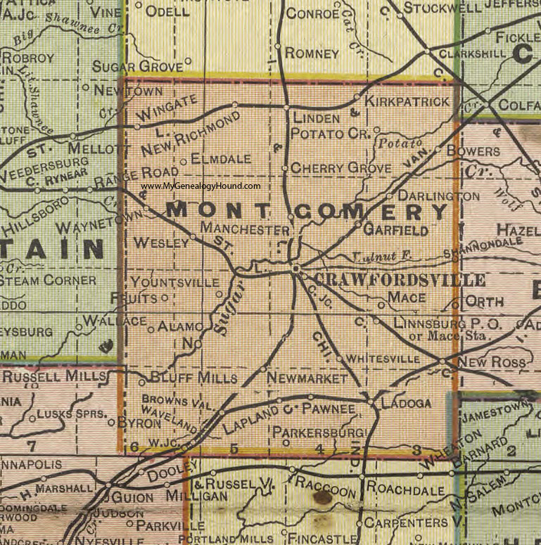 Montgomery County, Indiana, 1908 Map, Crawfordsville, Waynetown, Darlington, Ladoga, New Market, Alamo, Linden, Wingate, New Richmond, Waveland, New Ross