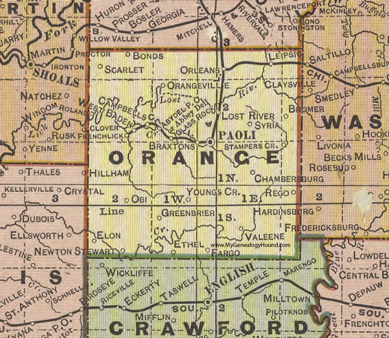 Orange County, Indiana, 1908 Map, Paoli, French Lick, Orleans, West Baden, Greenbrier, Valeene, Chambersburg, Orangeville, Glass Rock, Leipsic, Elon