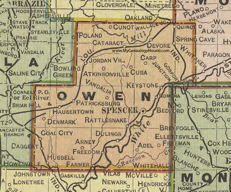 Owen County, Indiana, 1908 Map, Spencer, Gosport, Quincy, Coal City, Freedom, Hubbell, Jordan, Romona, Rattlesnake, Hausertown