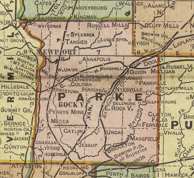 Parke County, Indiana, 1908 Map, Rockville, Montezuma, Tangier, Marshall, Judson, Hollandsburg, Bellmore, Bridgeton, Rosedale, Mecca
