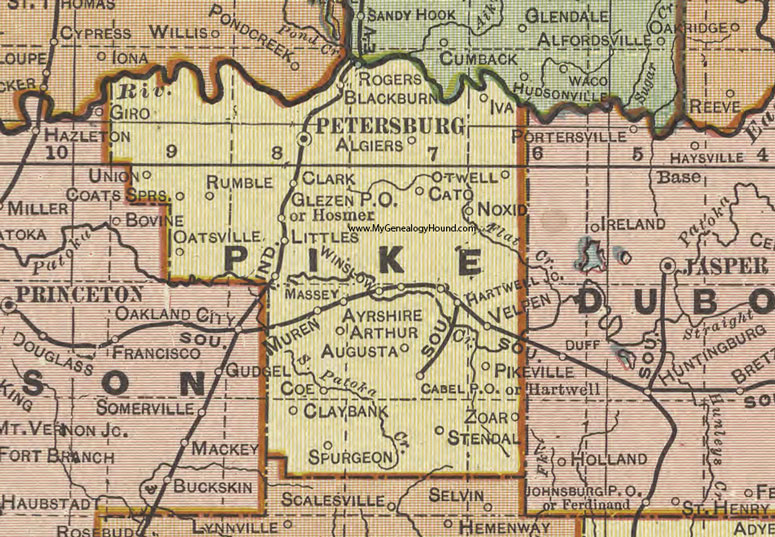 Pike County, Indiana, 1908 Map, Petersburg, Coe, Cato, Otwell, Velpen, Winslow, Stendal, Spurgeon
