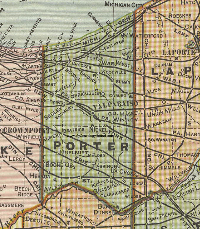 Porter County, Indiana, 1908 Map, Valparaiso, Chesterton, Wheeler, Malden, Boone Grove, Hebron, Kouts