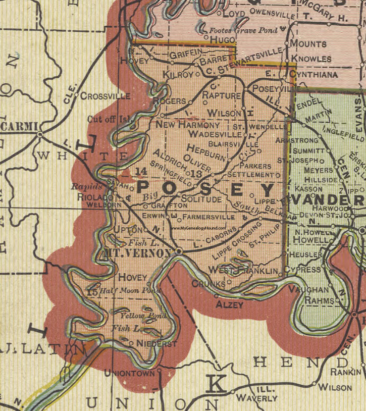 Posey County, Indiana, 1908 Map, Mt. Vernon, Poseyville, New Harmony, Wadesville, Cynthiana, Griffin, Solitude, Caborn, Hepburn, Grafton, Farmersville