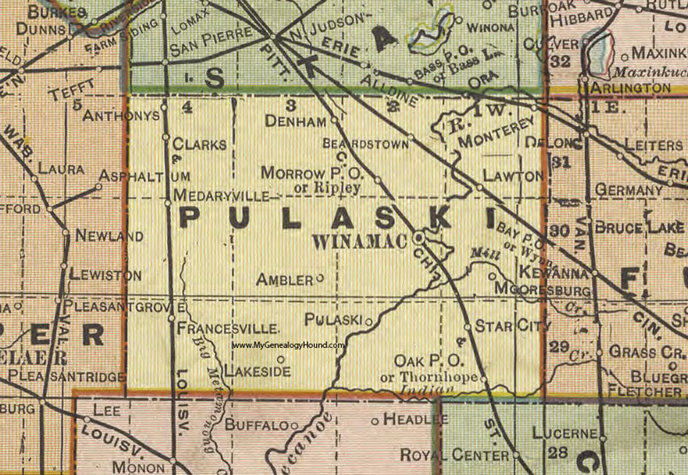 Pulaski County, Indiana, 1908 Map, Winamac, Monterey, Denham, Star City, Francesville, Medaryville, Lawton, Mooresburg, Ambler, Medaryville
