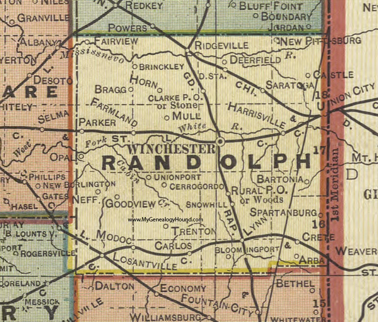 Randolph County, Indiana, 1908 Map, Winchester, Union City, Lynn, Modoc, Parker City, Farmland, Saratoga, Ridgeville, Arba, Bragg, Neff, Mull, Brinckley