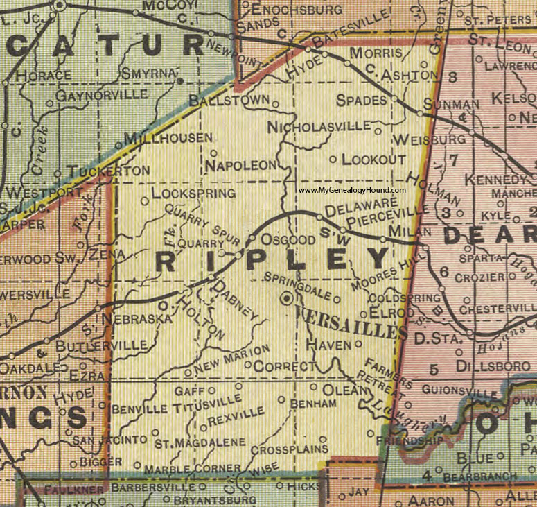 Ripley County, Indiana, 1908 Map, Versailles, Osgood, Milan, Napoleon, Sunman, Pierceville, Holton, Rexville, Friendship, Cross Plains