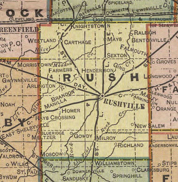Rush County, Indiana, 1908 Map, Rushville, Milroy, Richland, New Salem, Homer, Manilla, Arlington, Carthage, Mays, Sexton, Ging, Gowdy, Moscow