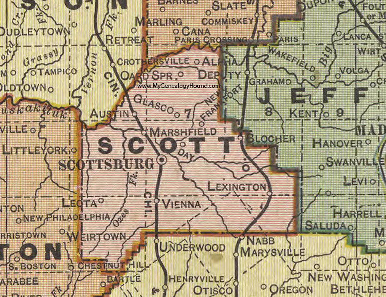 Scott County, Indiana, 1908 Map, Scottsburg, Alpha, Austin, Blocher, Day, Glasco, Leota, Lexington, Marshfield, New Frankfort, Oard Spring, Vienna