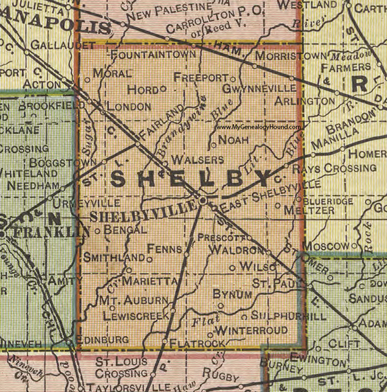 Shelby County, Indiana, 1908 Map, Shelbyville, Fairland, Flat Rock, Waldron, Gwynneville, Morristown, Fountaintown, Boggstown, Bengal, Meltzer, Prescott