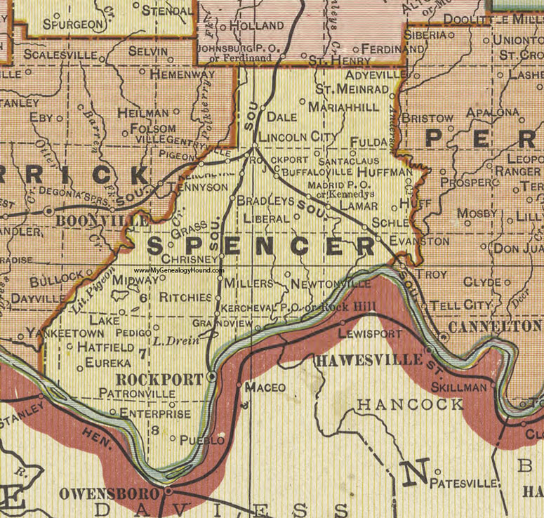 Spencer County, Indiana, 1908 Map, Rockport, Lincoln City, Santa Claus, Dale, St. Meinrad, Fulda, Gentryville, Chrisney, Hatfield, Huffman, Grandview