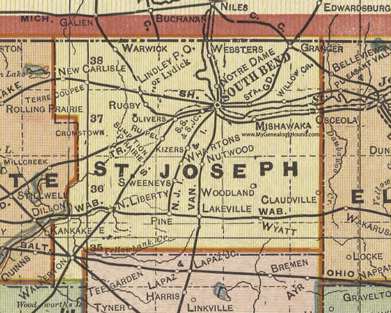St. Joseph County, Indiana, 1908 Map, South Bend, Mishawaka, Osceola, Granger, New Carlisle, North Liberty, Walkerton, Wyatt, Lakeville, Lindley, Kizers