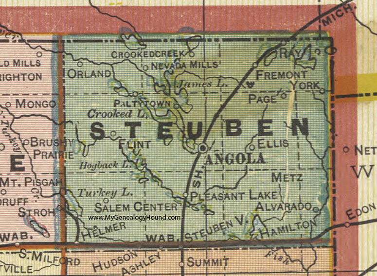 Steuben County, Indiana, 1908 Map, Angola, Fremont, Orland, Hudson, Helmer, Hamilton, Metz, Pleasant Lake, Nevada Mills, Steubenville, Alvarado