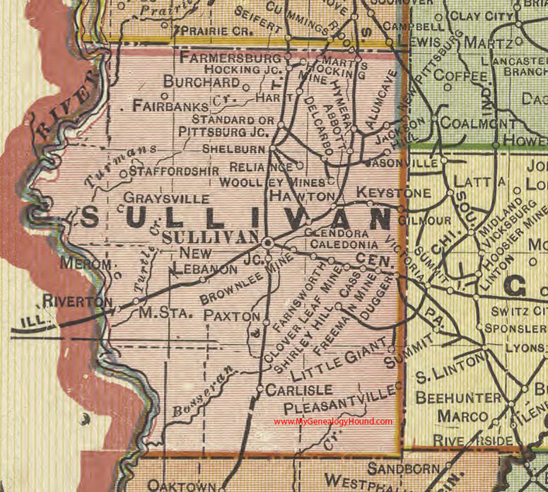 Sullivan County, Indiana, 1908 Map, Shelburn, Farmersburg, Hymera, Dugger, Paxton, Carlisle, New Lebanon, Merom, Graysville, Fairbanks, Burchard, Cass, Riverton