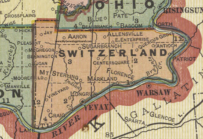 Switzerland County, Indiana, 1908 Map, Vevay, Bennington, East Enterprise, Patriot, Florence, Quercus Grove, Lamb, Markland, Moorefield