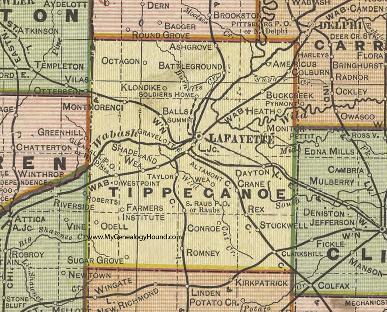 Tippecanoe County, Indiana, 1908 Map, Lafayette, Dayton, Battle Ground, Montmorenci, West Point, Stockwell, Buck Creek, Romney, Altamont, Klondike