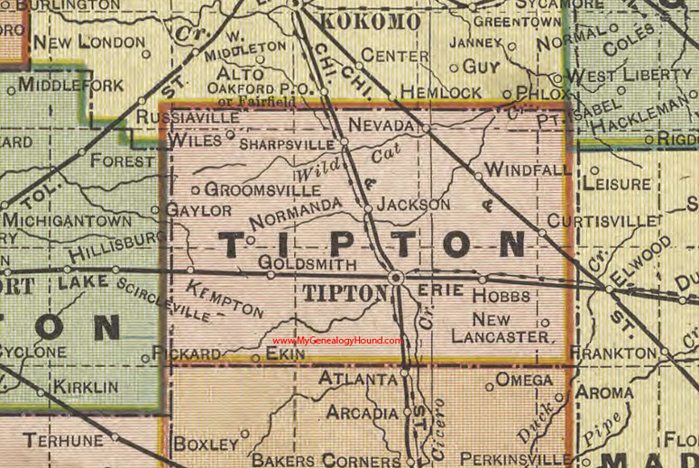 Tipton County, Indiana, 1908 Map, Kempton, Windfall, Ekin, Goldsmith, Groomsville, Hobbs, Jackson, Nevada, New Lancaster, Normanda, Sharpsville, Wiles