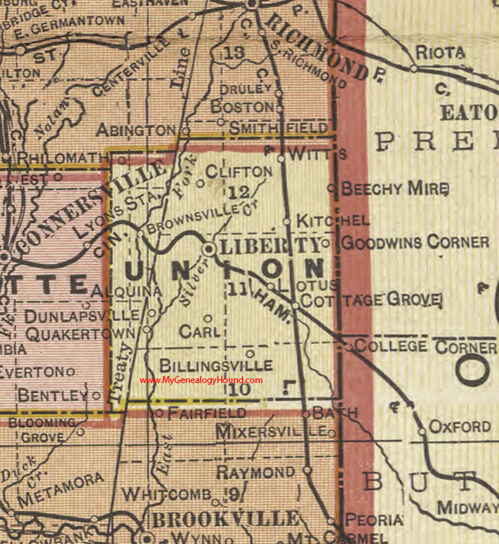 Union County, Indiana, 1908 Map, Liberty, Brownsville, Kitchel, Billingsville, Witts, Clifton, Quakertown, Lotus, Dunlapsville