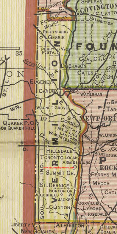 Vermillion County, Indiana, 1908 Map, Newport, Hillsdale, Dana, Cayuga, Clinton, St. Bernice, Vorhees, Perrysville, Dorner, Beckwith