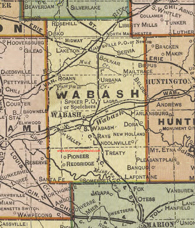 Wabash County, Indiana, 1908 Map, North Manchester, Laketon, Roann, Urbana, Servia, Liberty Mills, Lagro, Somerset, La Fontaine, New Holland