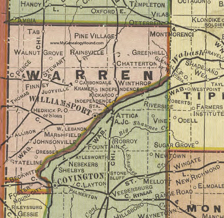 Warren County, Indiana, 1908 Map, Williamsport, Pine Village, West Lebanon, Judyville, Pence, State Line City, Finney, Foster, Allison, Sloan