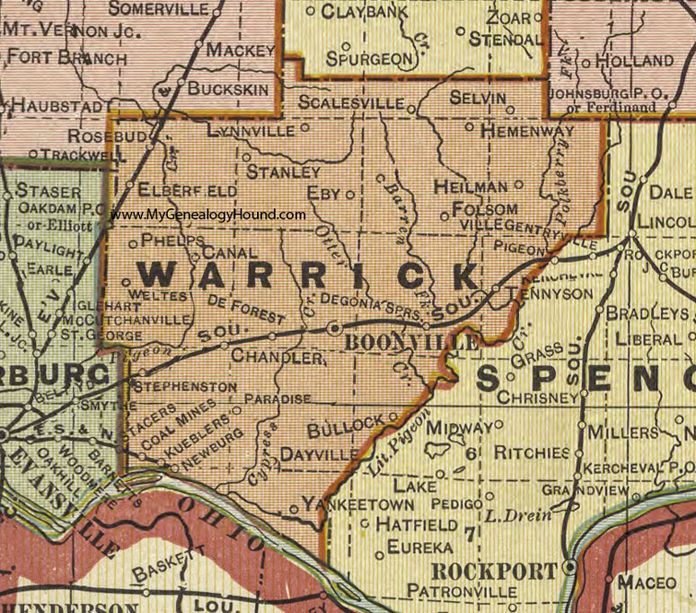 Warrick County, Indiana, 1908 Map, Newburgh, Boonville, Chandler, Yankeetown, Elberfeld, Lynnville, Folsomville, Tennyson, Rosebud, Bullock 