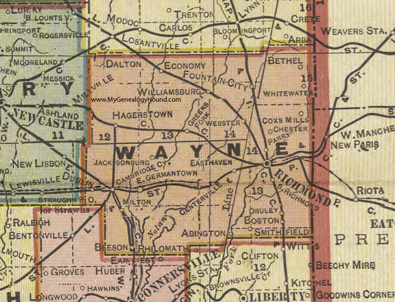 Wayne County, Indiana, 1908 Map, Richmond, Centerville, East Germantown, Dublin, Milton, Hagerstown, Fountain City, Williamsburg, Boston, Economy