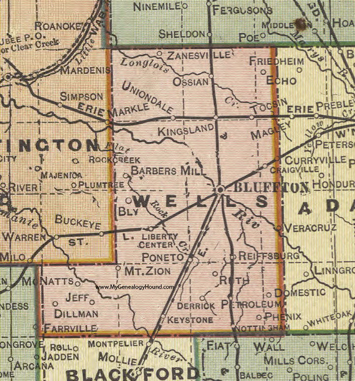 Wells County, Indiana, 1908 Map, Bluffton, Ossian, Poneto, Petroleum, Domestic, Keystone, Vera Cruz, Craigville, Zanesville, Uniondale, Tocsin