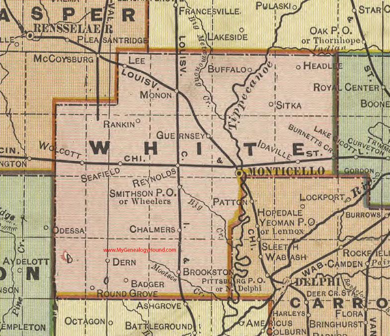 White County, Indiana, 1908 Map, Monticello, Chalmers, Brookston, Wolcott, Reynolds, Monon, Buffalo, Idaville, Durn, Rankin, Sitka