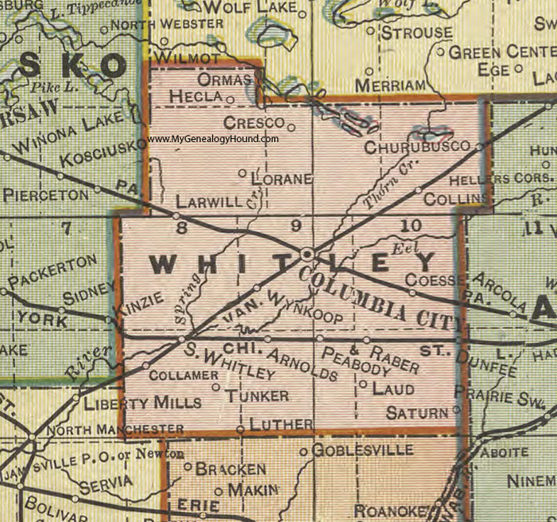 Whitley County, Indiana, 1908 Map, Columbia City, South Whitley, Laud, Larwill, Churubusco, Saturn, Raber, Cresco, Dunfee, Collamer