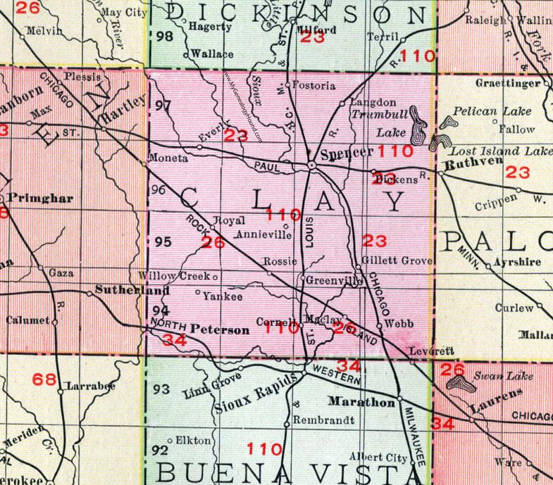 Clay County, Iowa, 1911, Map, Spencer, Everly, Peterson, Royal, Rossie, Greenville, Gillett Grove, Webb, Dickens, Fostoria, Webb, Annieville, Langdon, Yankee, Cornell, Maclay, Willow Creek