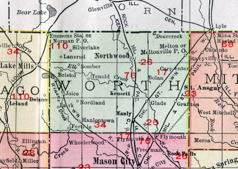 Worth County, Iowa, 1911, Map, Northwood, Manly, Kensett, Grafton, Joice, Hanlontown, Fertile, Silver Lake, Lansgrud, Somber, Tenold, Bristol, Lark, Bolan, Meltonville, Deer Creek, Glade 