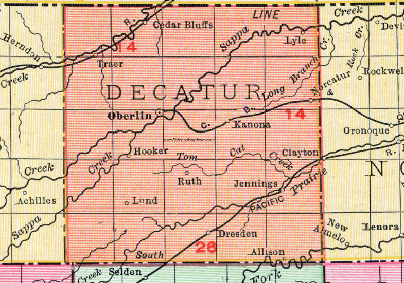 Decatur County, Kansas, 1911 Map, Oberlin, Norcatur, Dresden, Traer, Cedar Bluffs, Jennings, Hooker, Lund, Allison, Ruth, Kanona, Lyle