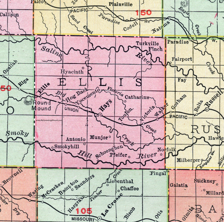 Ellis County, Kansas, 1911 Map, Hays, City of Ellis, Victoria, Catherine, Walker, Pfeifer, Schoenchen, Antonino, Munjor, Yocemento, Hog Back, Turkville, Toulon