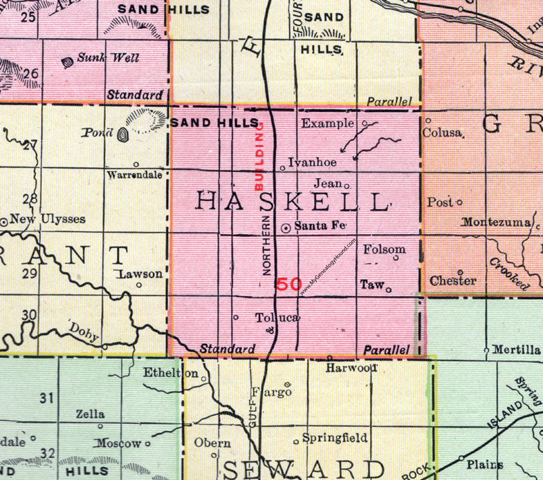 Haskell County, Kansas, 1911, Map, Santa Fe, Folsom, Ivanhoe, Example, Jean, Taw, Toluca, Harwood