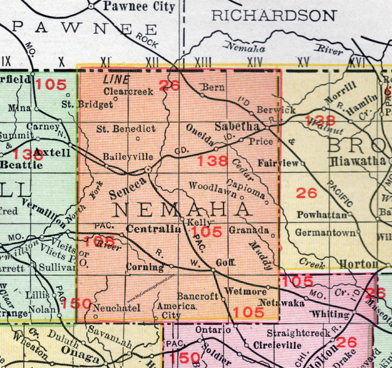 Nemaha County Kansas 1911 Map Seneca Sabetha Centralia 