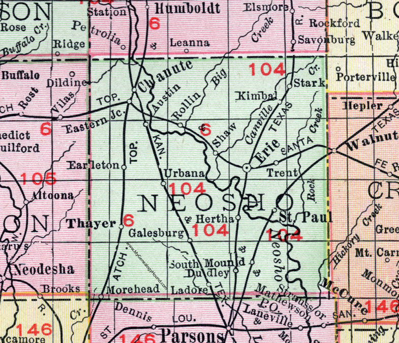 Neosho County, Kansas, 1911, Map, Erie, Chanute, St. Paul, Thayer, Stark, Kimball, Shaw, Earlton, Urbana, Galesburg, South Mound, Morehead, Dudley, Ladore, Austin, Rollin, Hertha