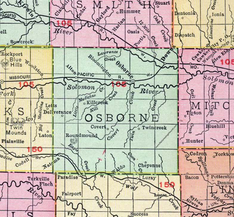 Osborne County, Kansas, 1911, Map, Osborne City, Downs, Portis, Alton, Bloomington, Covert, Natoma, Cheyenne, Round Mound, Deliverance, Killcreek, Twincreek