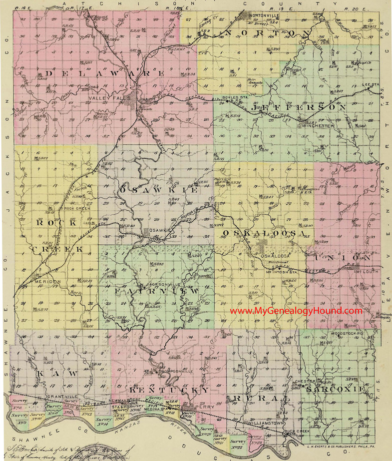Jefferson County, Kansas 1887 Map Valley Falls, Oskaloosa, Nortonville, Winchester, Perry, Osawkie, McLouth, Meriden, Grantville, KS