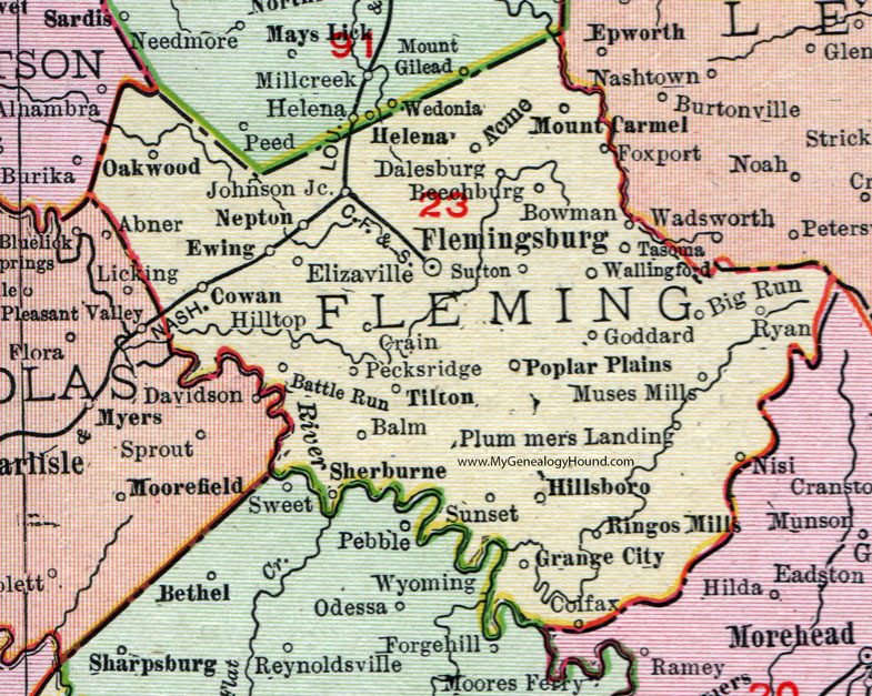 KY Fleming County Kentucky 1911 Rand McNally Map Flemingsburg Hillsboro Elizaville 